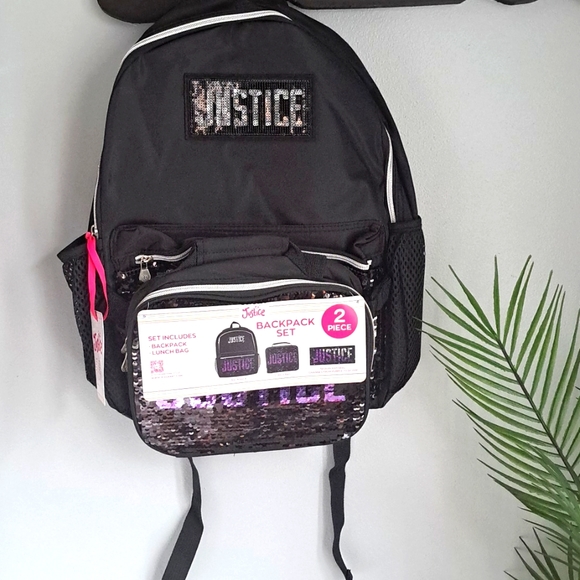 Justice Backpack Set (Bag & Lunch Bag) Black & Purple/Silver #New - Picture 3 of 6